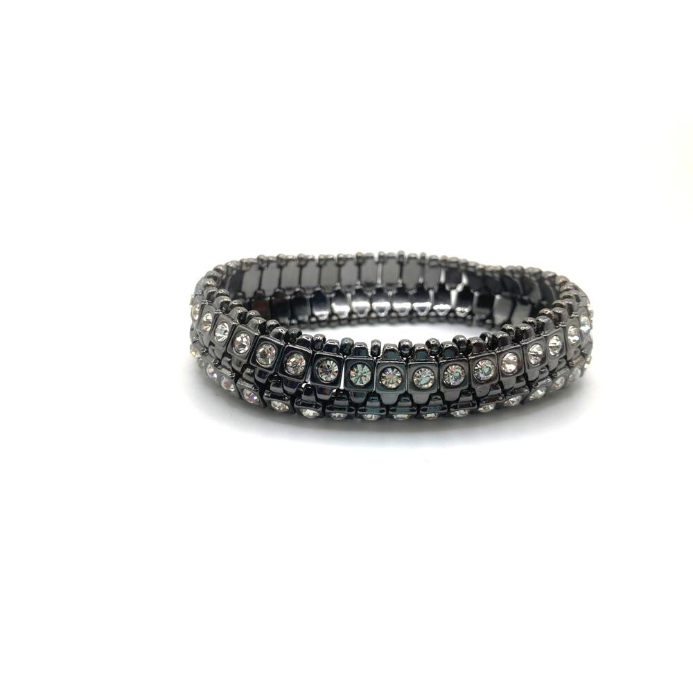 CHICOS Gunmetal Black Wide 2 Row Stretch Bracelet w/ Rhinestones NWOT
